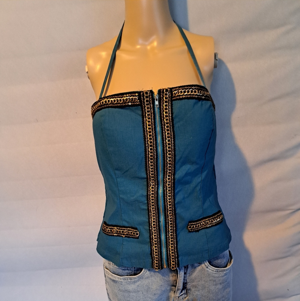 Front zip club bodice top with gold embroidery